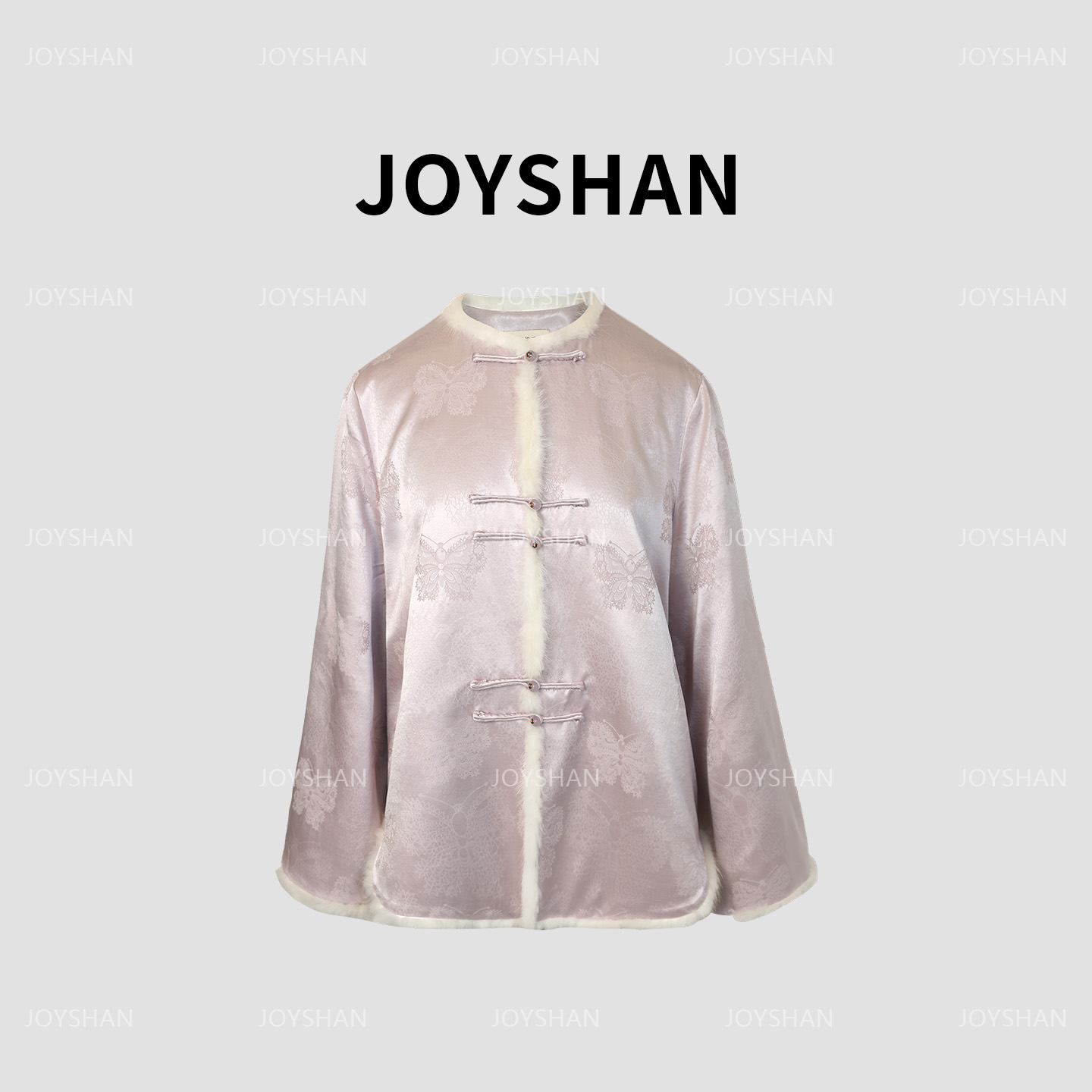 JOY SHAN-2025冬款新中式（紫梦蝶）桑蚕丝羊毛水貂毛圆领对襟外套