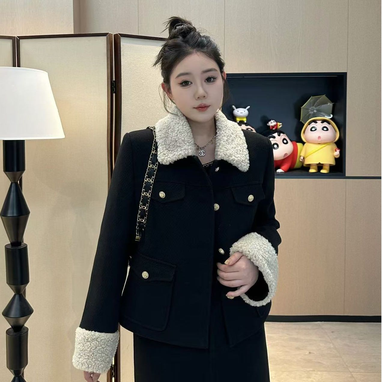 琪琪怪怪大码女装【华尔兹套装】撞色拼接厚款外套+半身裙C15845QL