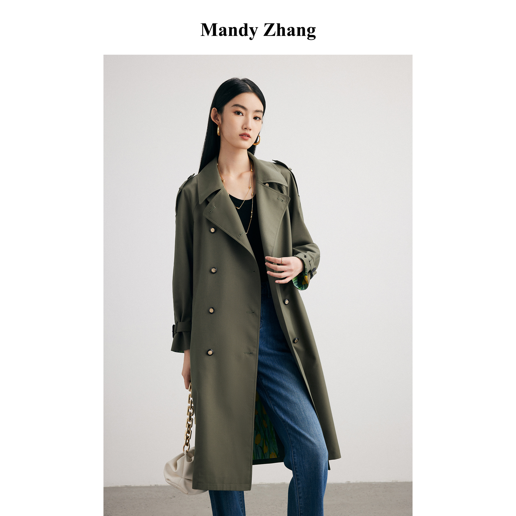 【CC王专属】MandyZhang军绿色翻领风衣女早秋外套MBFY660