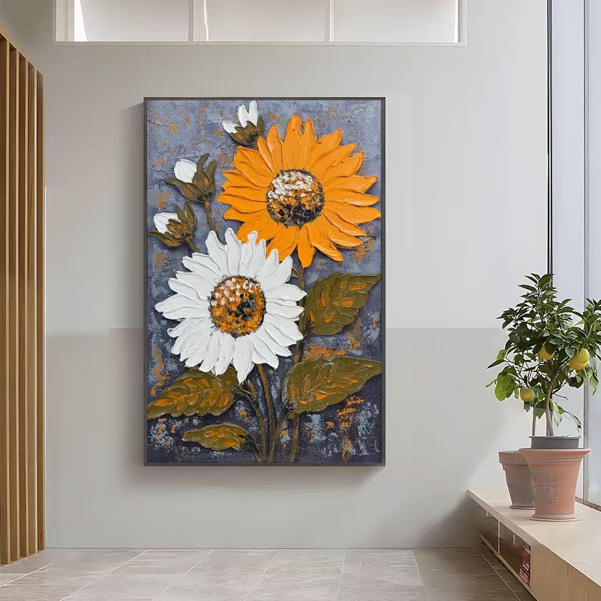 现代手工油画花朵装饰画客厅卧室玄关背景墙挂画两朵向日葵80120
