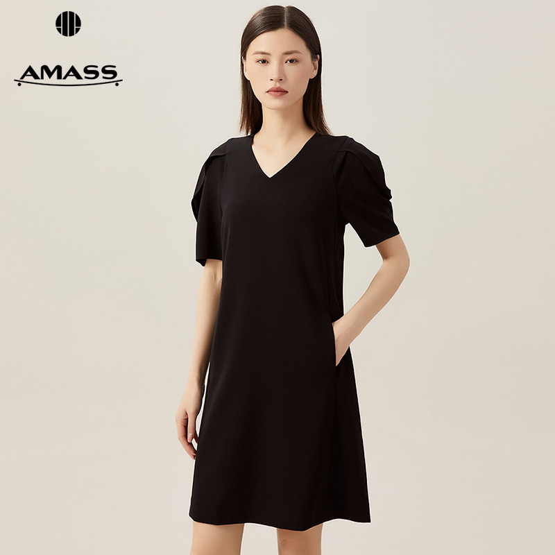 阿玛施AMASS新款女装显瘦经典通勤V领宫廷袖收身连衣裙5500550