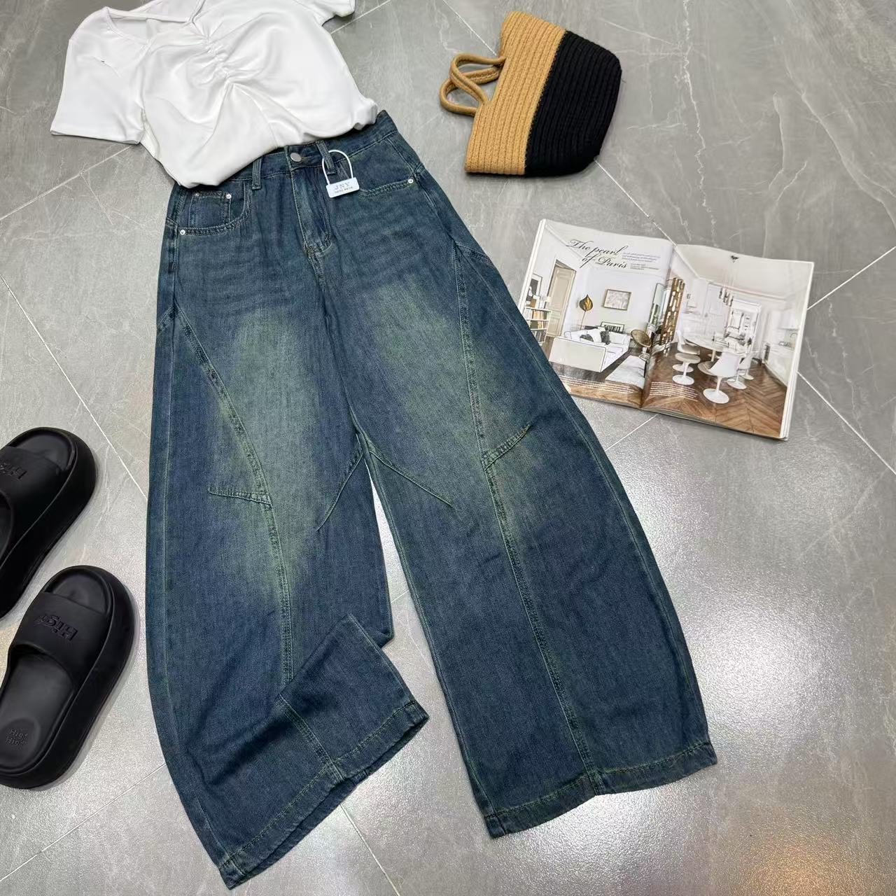 Z.X  复古水洗裁片拼接牛仔弯刀裤  9238（K1）