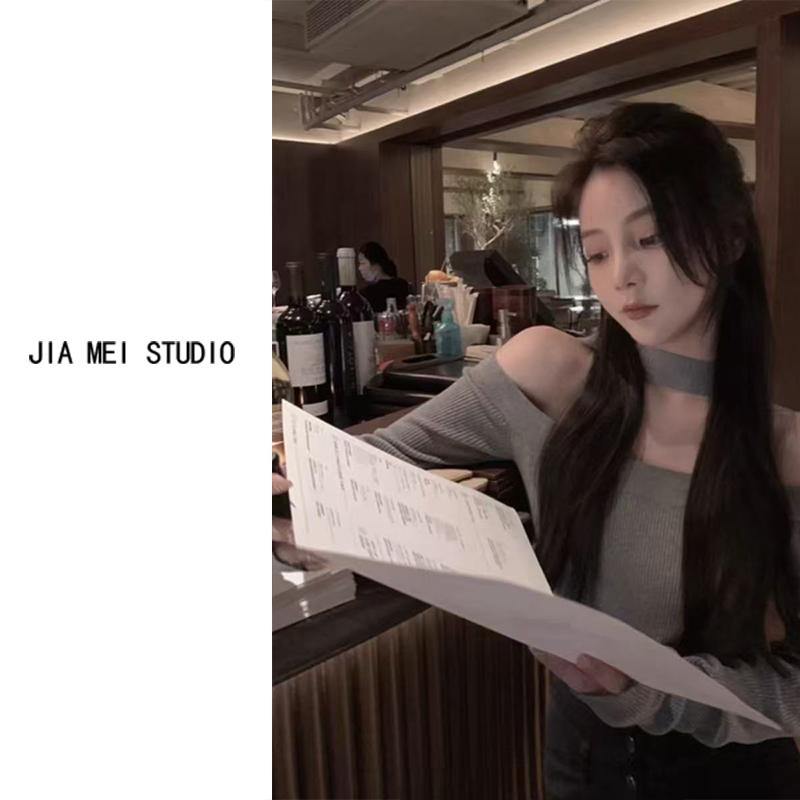 A159韩版挂脖一字肩针织衫女设计感小众修身内搭性感露肩长袖上衣