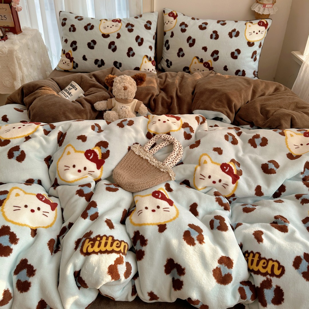 ins风-A类卡通印花冬季牛奶绒四件套加厚加绒学生宿舍三件套被套