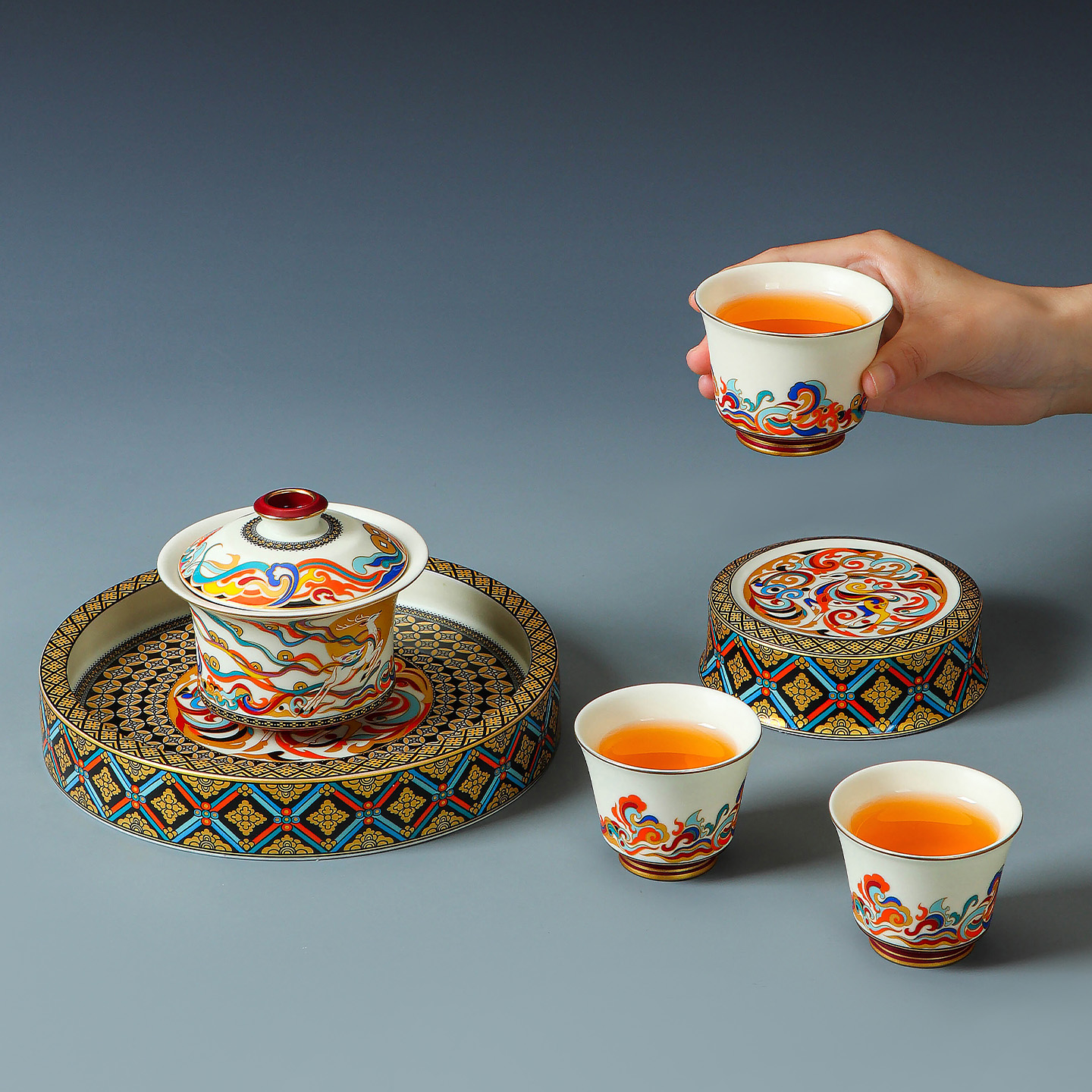 半岭窑九色鹿女娲补天可悬停三才盖碗家用办公室泡茶器logo伴手礼