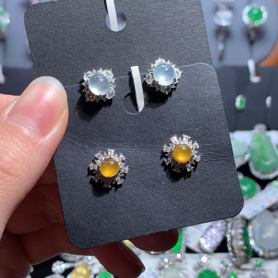 翡翠耳饰银S925镶嵌天然翡翠