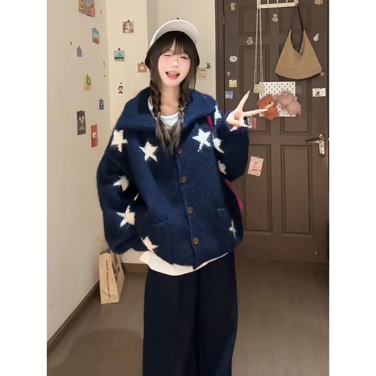韩系星星宽松毛衣开衫女秋冬季新款慵懒风外套休闲上衣82268#0.1