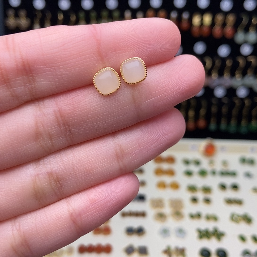 和田玉银S925镀金镶嵌耳饰