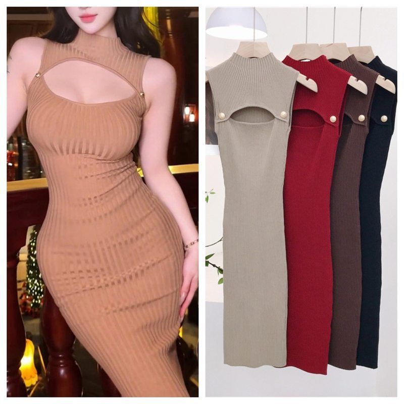 7895夏季新款纯欲性感半高领镂空钉珠坑条修身显瘦无袖背心裙短