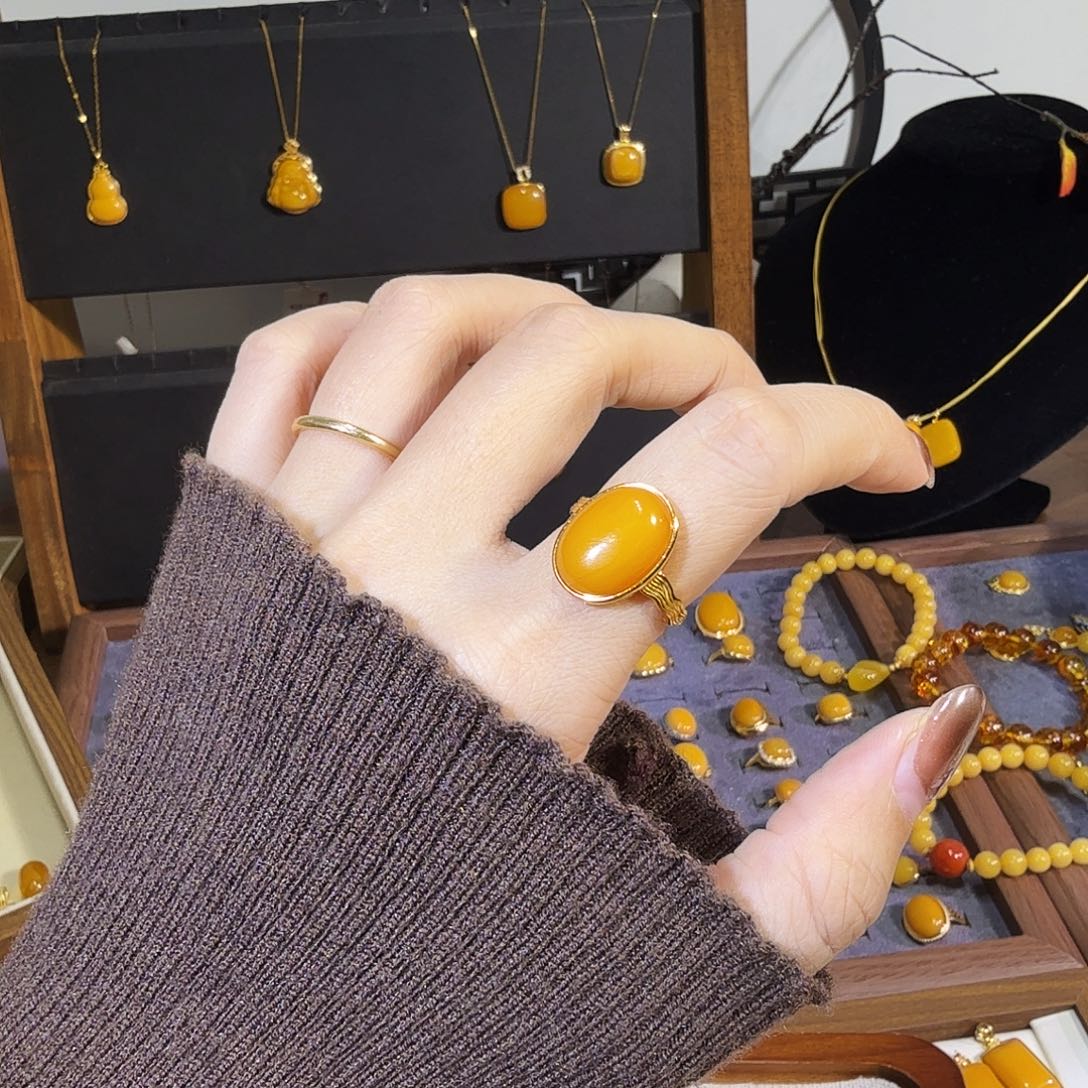 蜜蜡银S925镀金镶嵌戒指