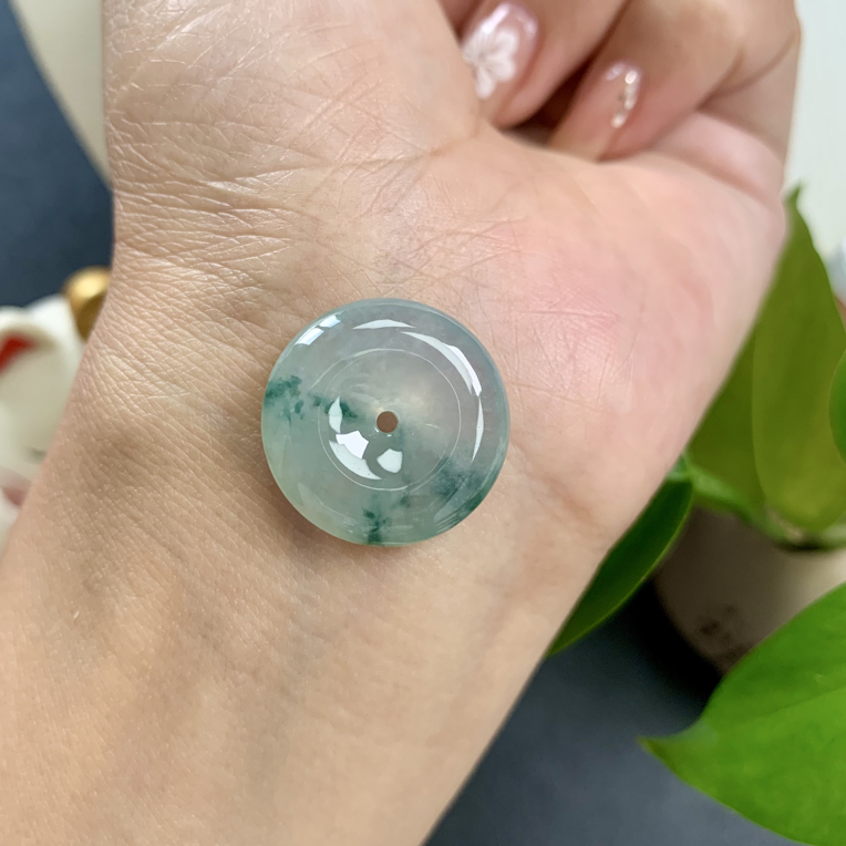 天然缅甸翡翠a货冰飘花平安扣带礼盒证书裸石19.2*5.2mm