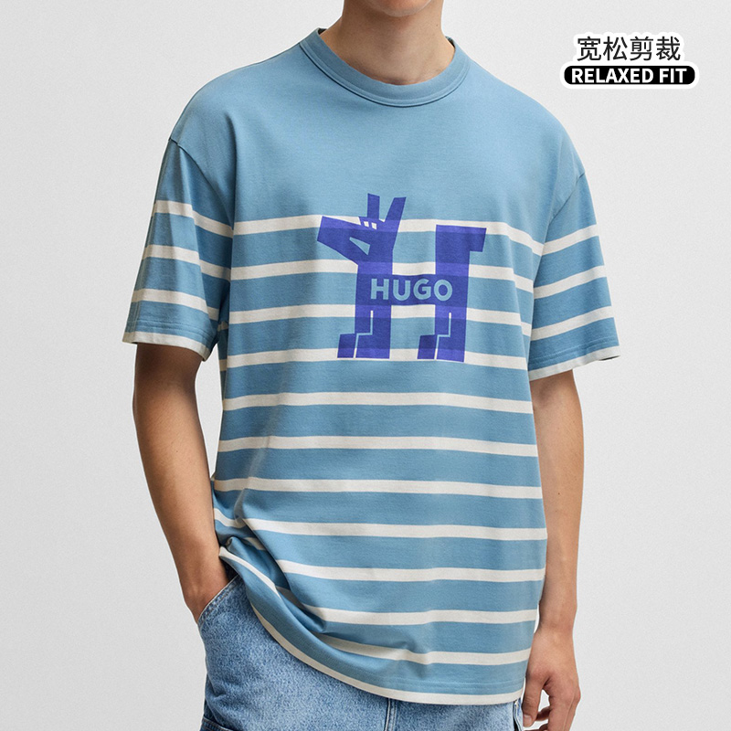 HugoBoss/雨果博斯男士夏季新款舒适短袖T恤条纹休闲透气半袖全新