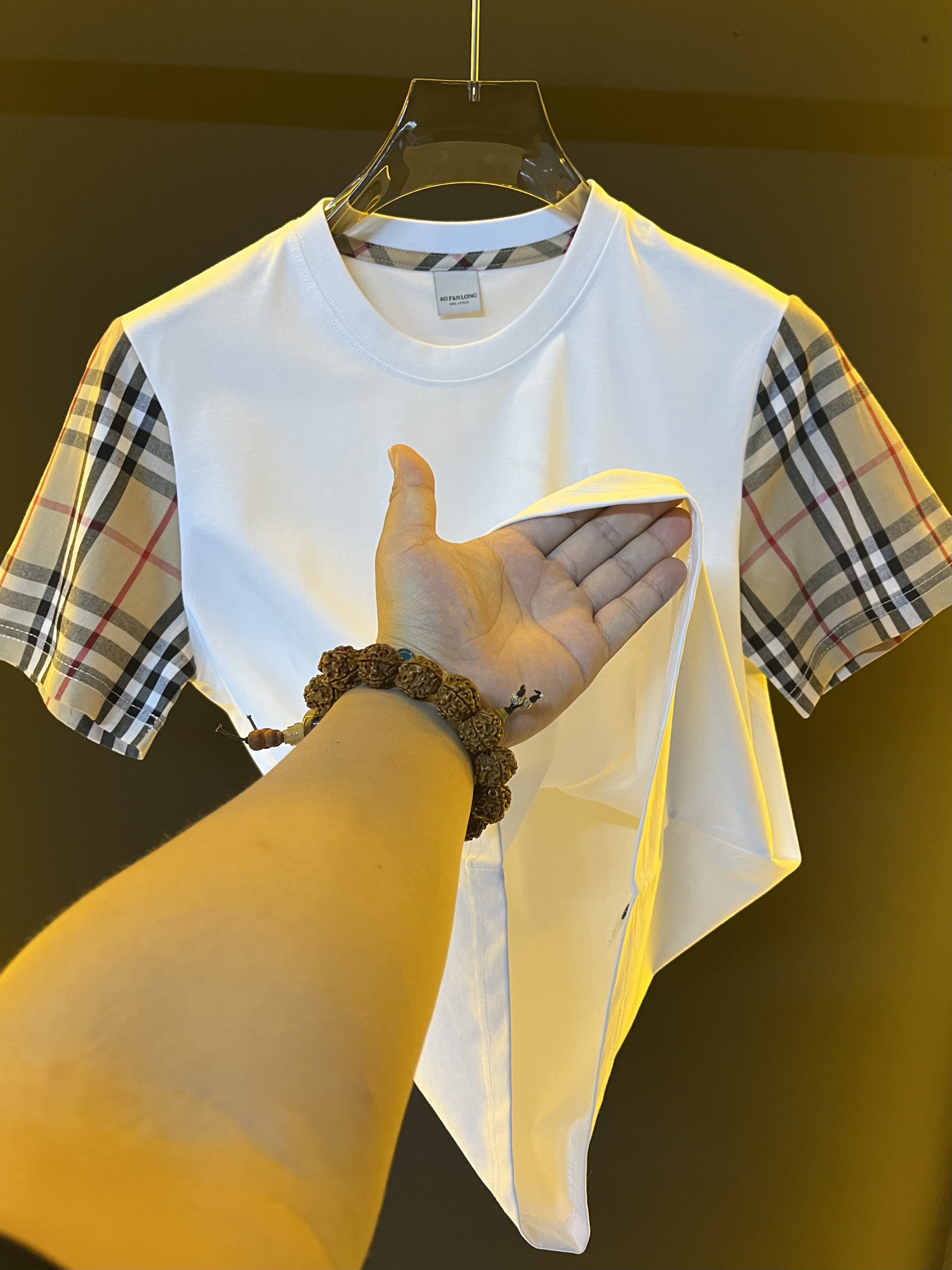（M专属）25年设计师新款格子拼接刺绣T恤
