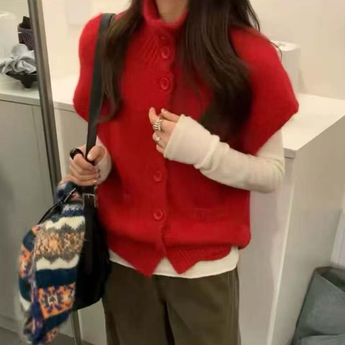 【橘子小姐】韩系红色高领针织马甲