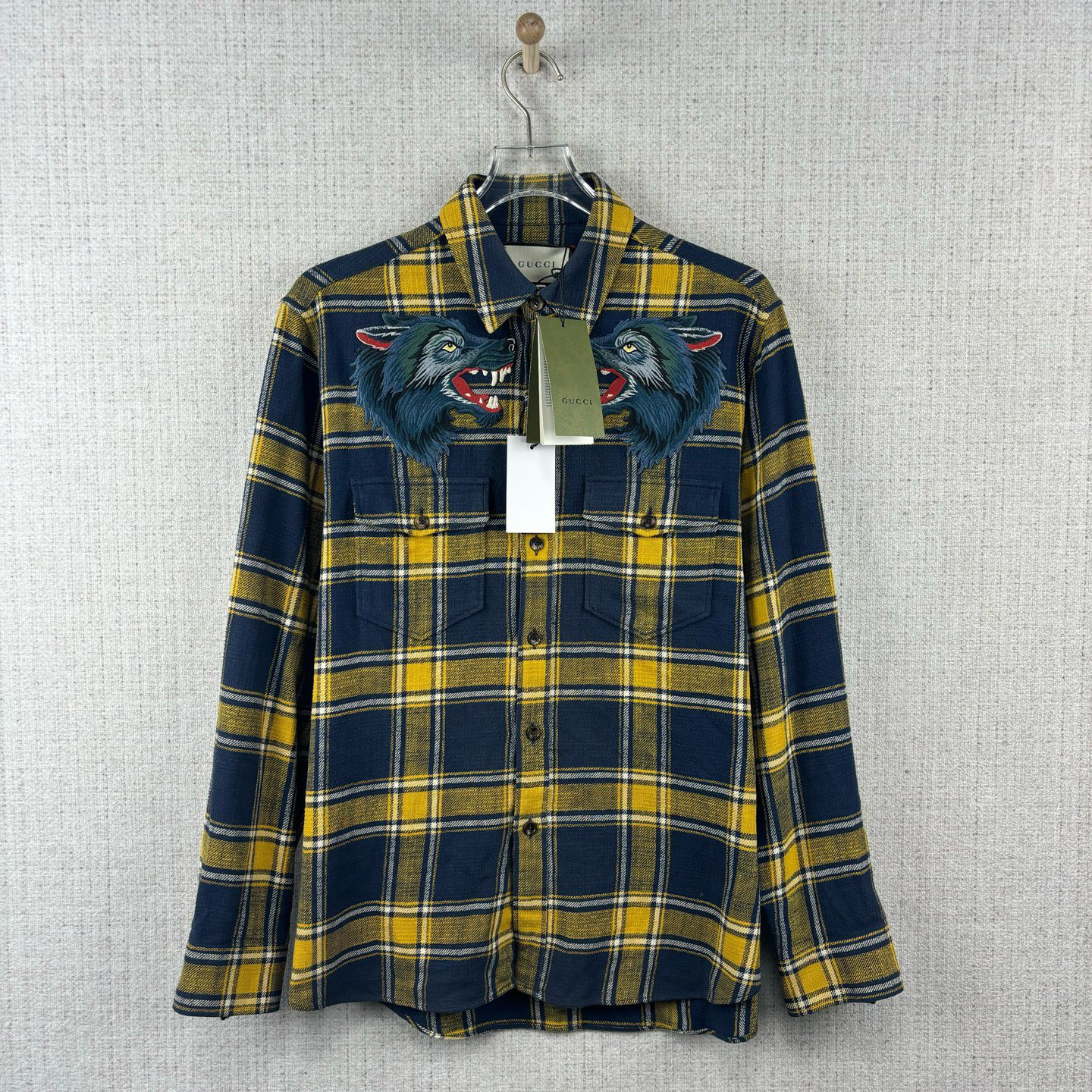 未使用 GUCCI/古驰 双狼头刺绣格纹衬衫/尺码40/编号9406