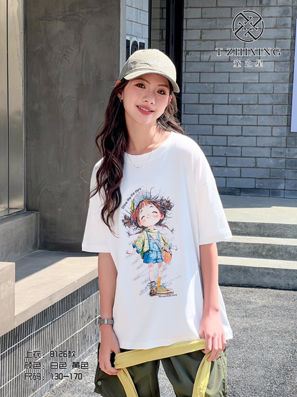 夏季青少年亲子刺绣印花休闲上衣ins春夏卡通女薄款夏装宽松白色
