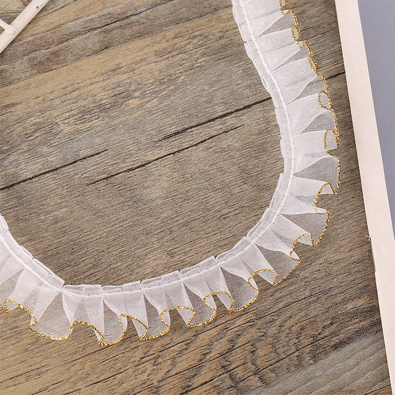 A513-2厘米宽金边百褶雪纱花边装饰裙边袖口领边辅料