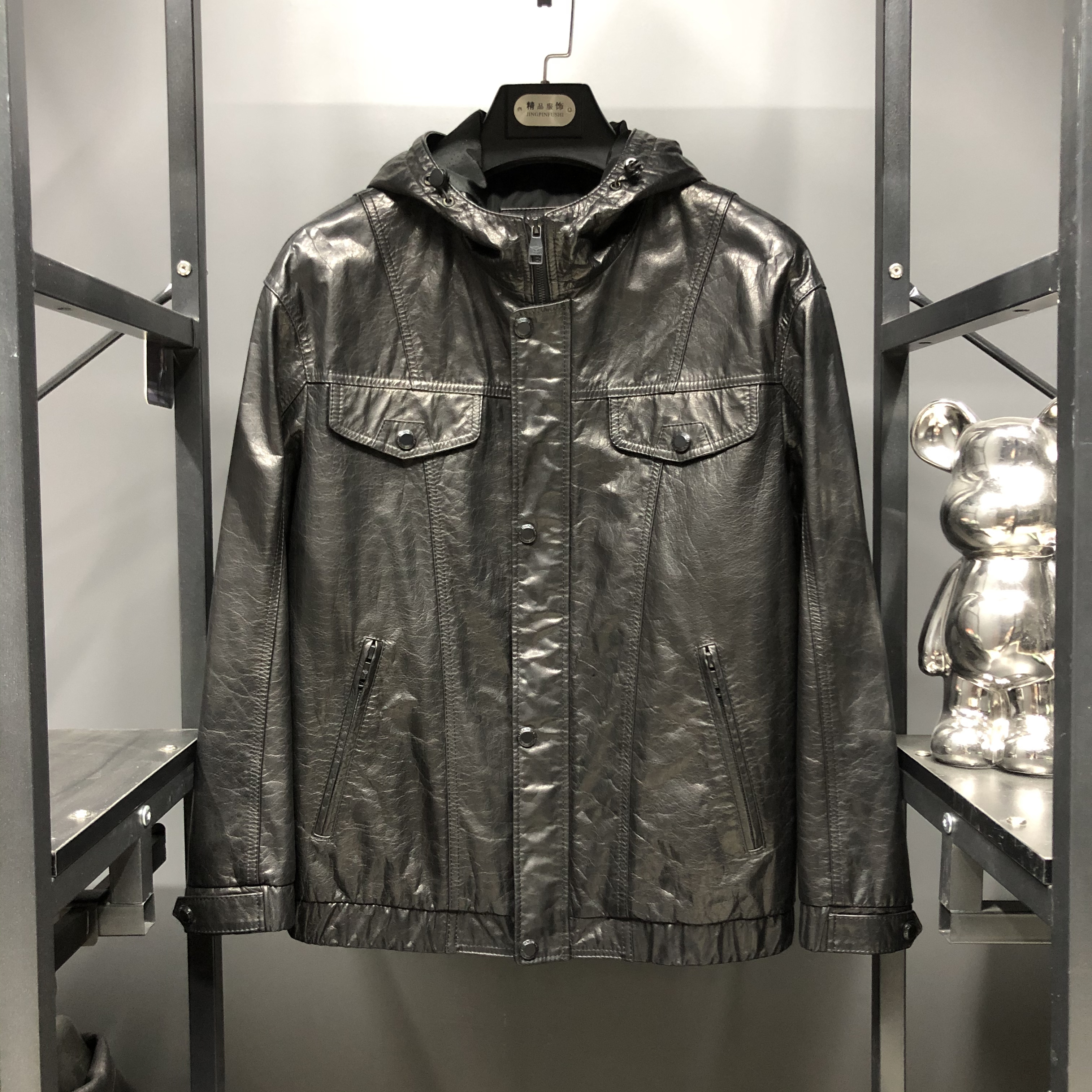 9377男连帽常规款夹克免烫真皮头层牛皮皮衣春季