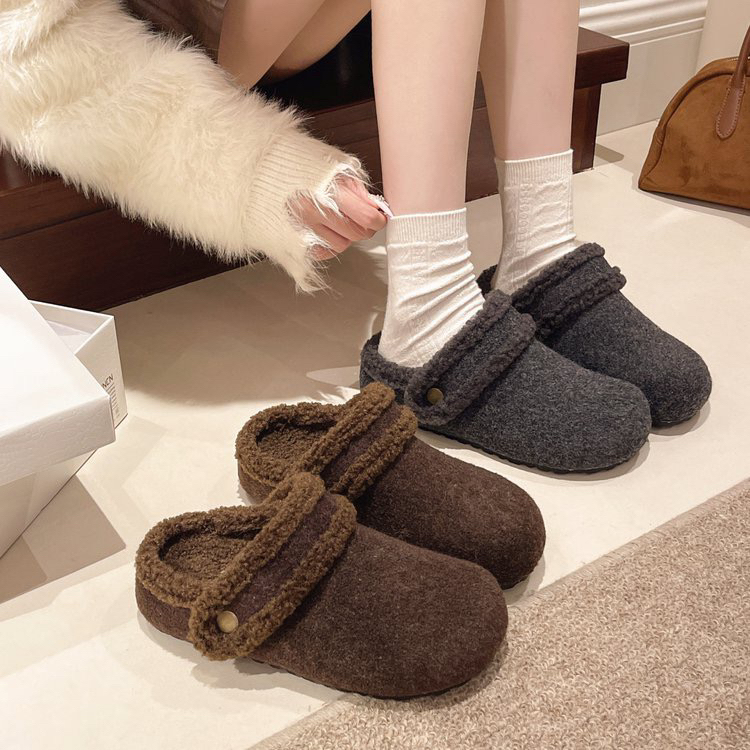 毛呢勃肯鞋包头半拖鞋女两穿2025秋冬新款爆款一脚蹬加绒保暖棉鞋
