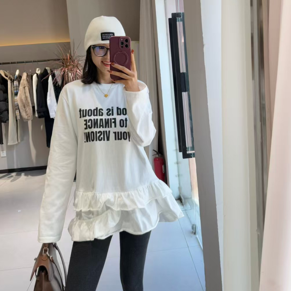 【W➕欧韩】新款圆领黑色字母下摆花边长袖宽松打底T恤