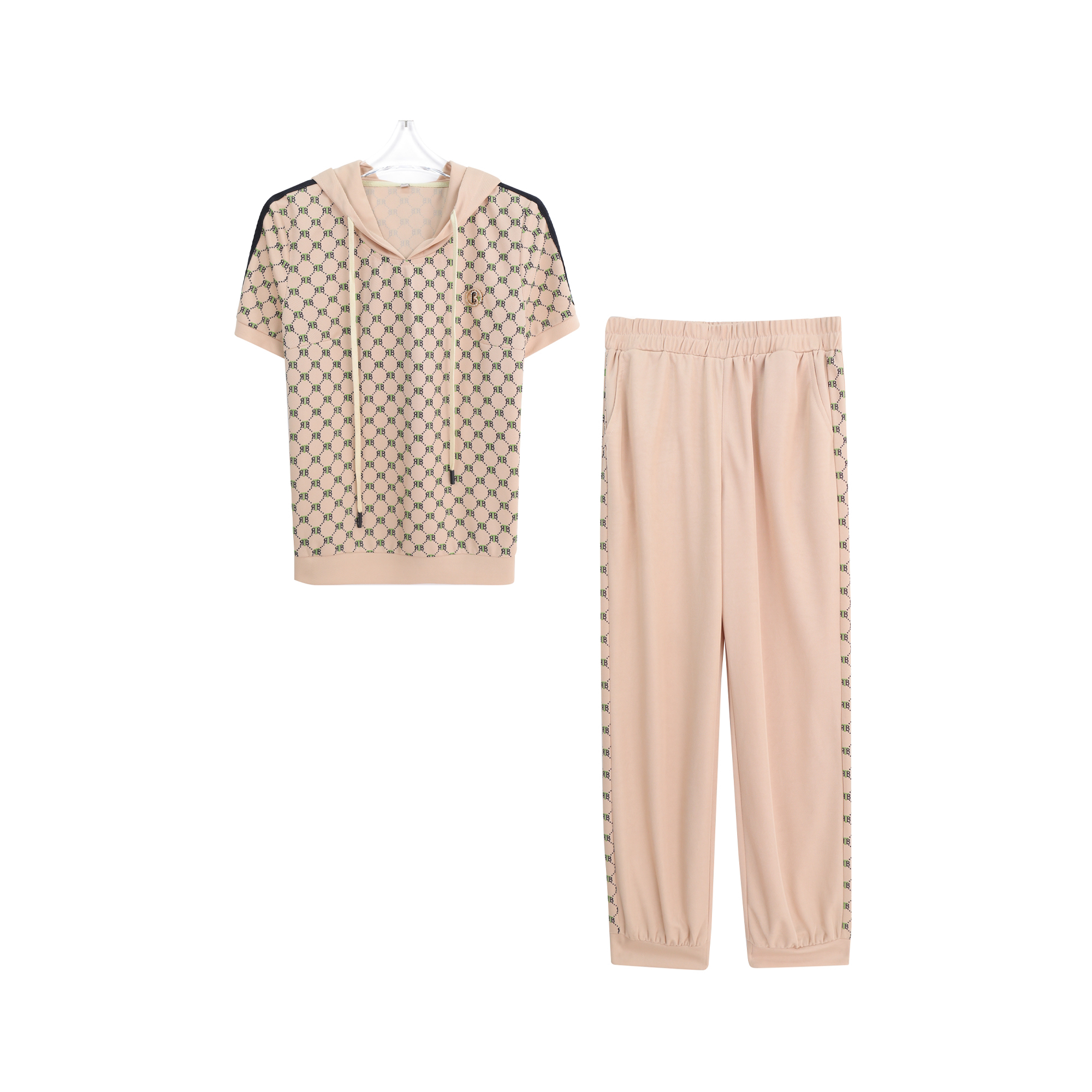 夏季运动服套装洋气休闲连帽短袖T恤两件套上衣A14012