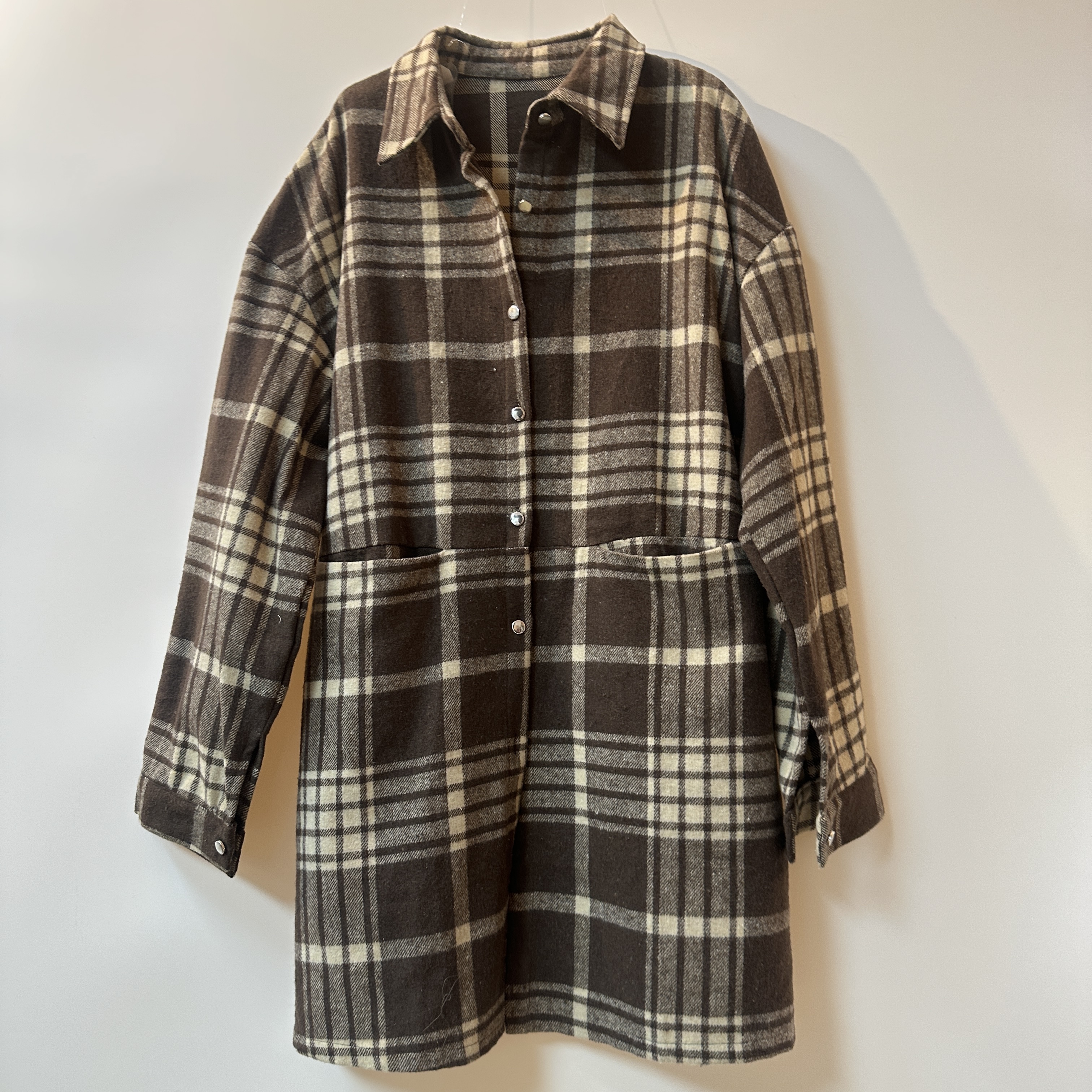 做旧POLO领韩版格子外套加厚印花长袖中长款衬衫呢子