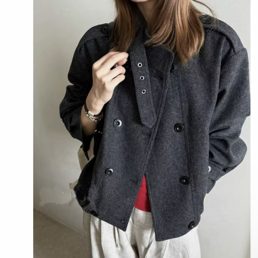 秋冬立领短款毛呢外套女高级感百搭时尚夹克