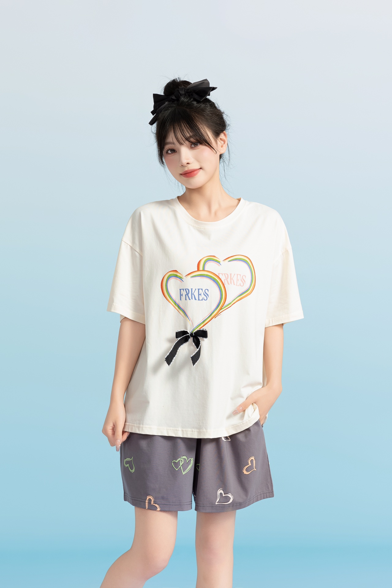 夏季短袖ins短裤~薄款休闲印花韩版女士家居服圆领宽松时尚可外穿