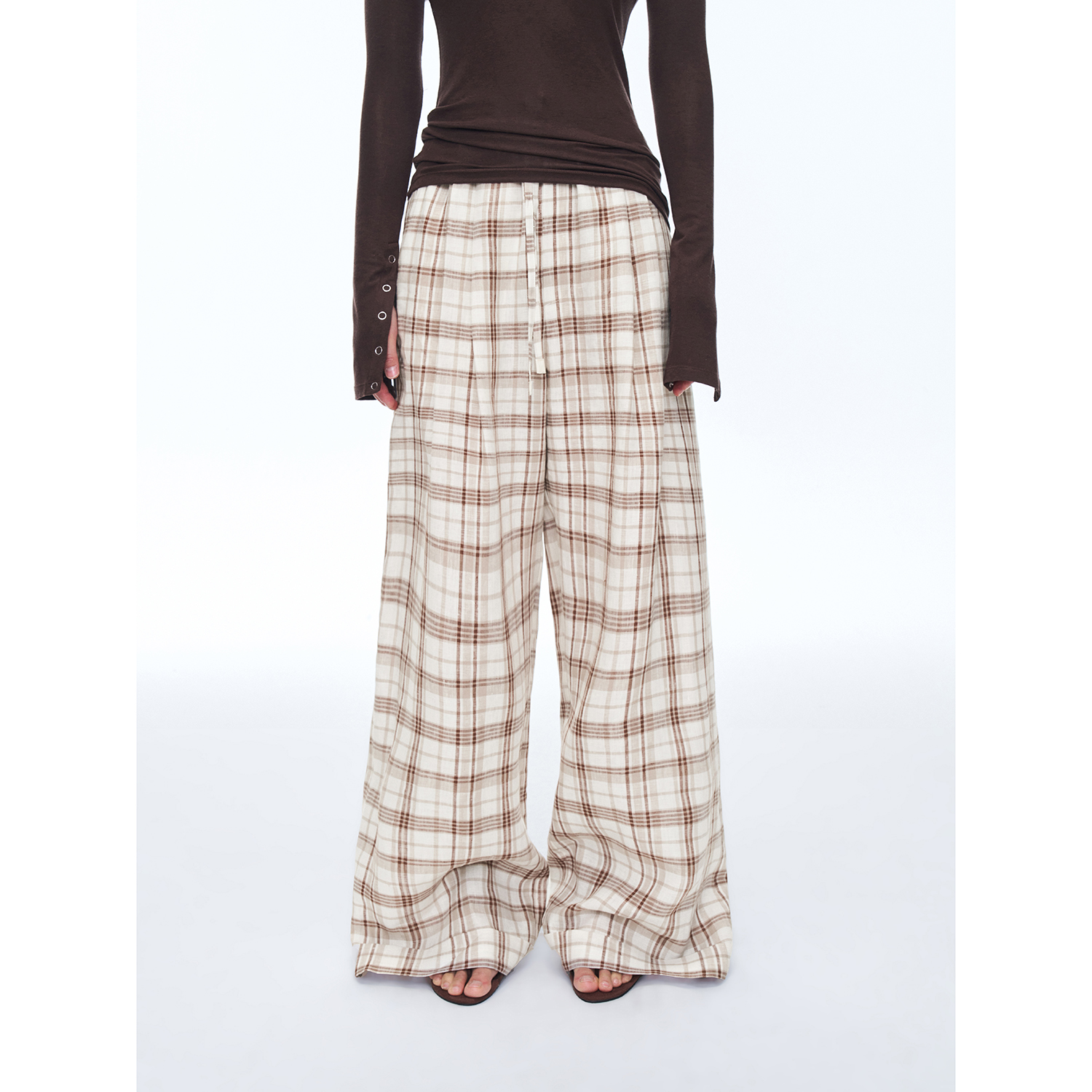 付智恩格纹腔调 棕黄格休闲裤