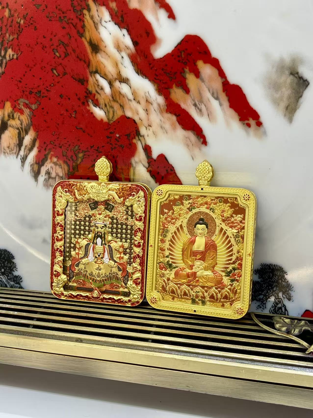 黄铜吊坠 铜吊坠龙柱系列五爷唐卡双面十二生肖八大守护国风吊坠