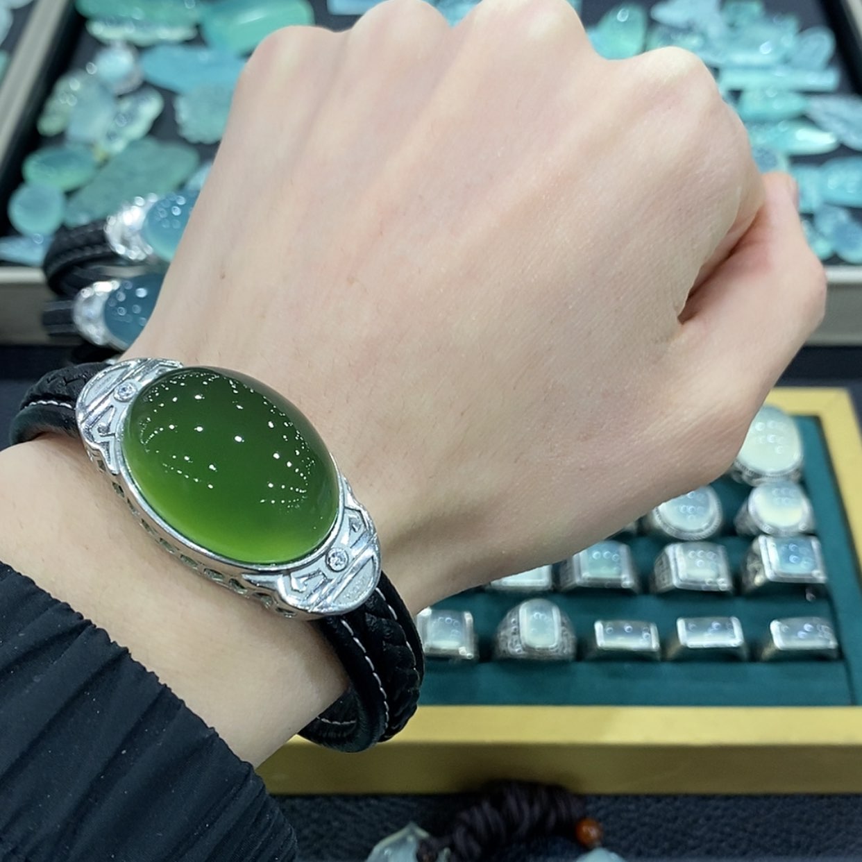 【闪购商品】蛇纹石玉手牌银S925镶嵌