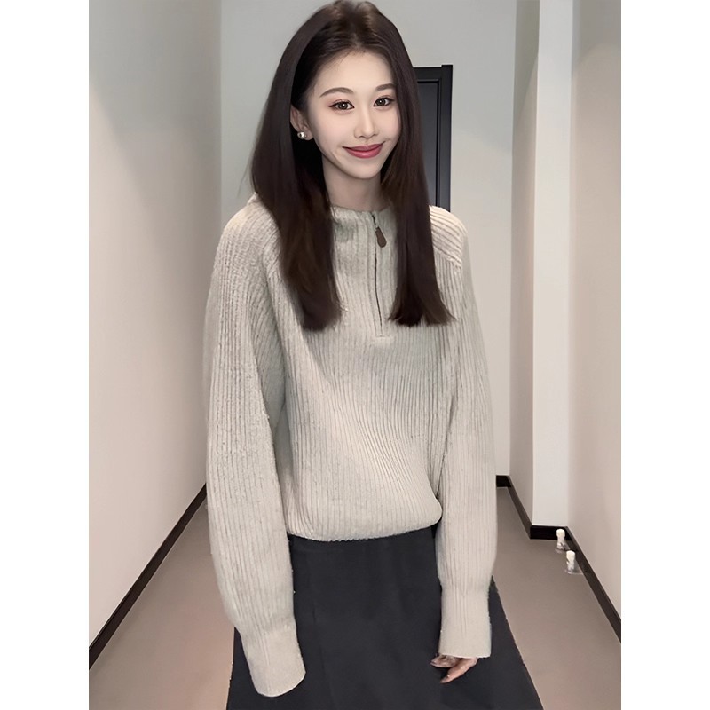 韩系慵懒风半拉链连帽针织毛衣女秋冬季新品宽松显瘦内搭外穿上衣