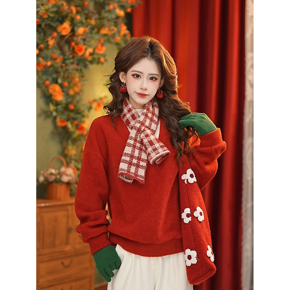 DaYuanSAD【语思】张嘉圆本命年假两件针织衫女套头红色毛衣#M29058