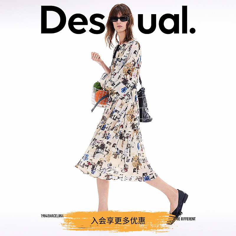 Desigual25秋冬新品拼贴报纸印花压褶系带连衣裙