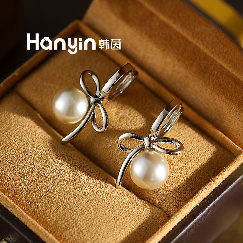 铜合金仿珍珠耳饰 10mm韩国进口摩卡慕斯珠珠光面蝴蝶结优雅耳钉