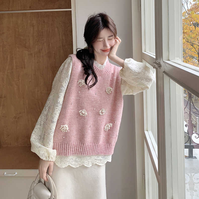 韩系甜美蕾丝上衣女2025早春新款针织马甲镂空打底衫潮春秋洋气