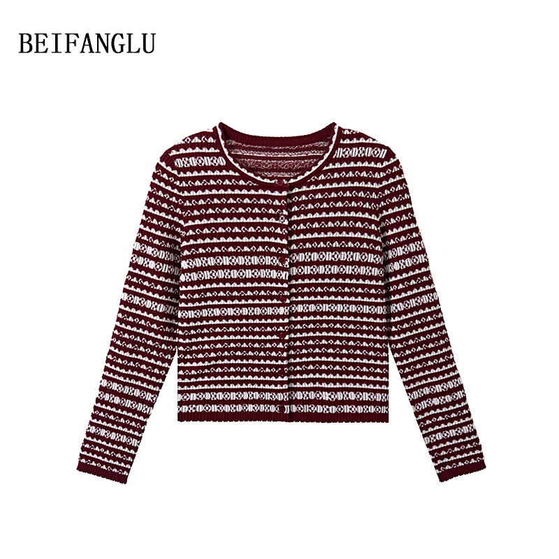 北方鹿【100%精纺绵羊毛】缪系小香风修身显瘦长袖针织开衫女251326