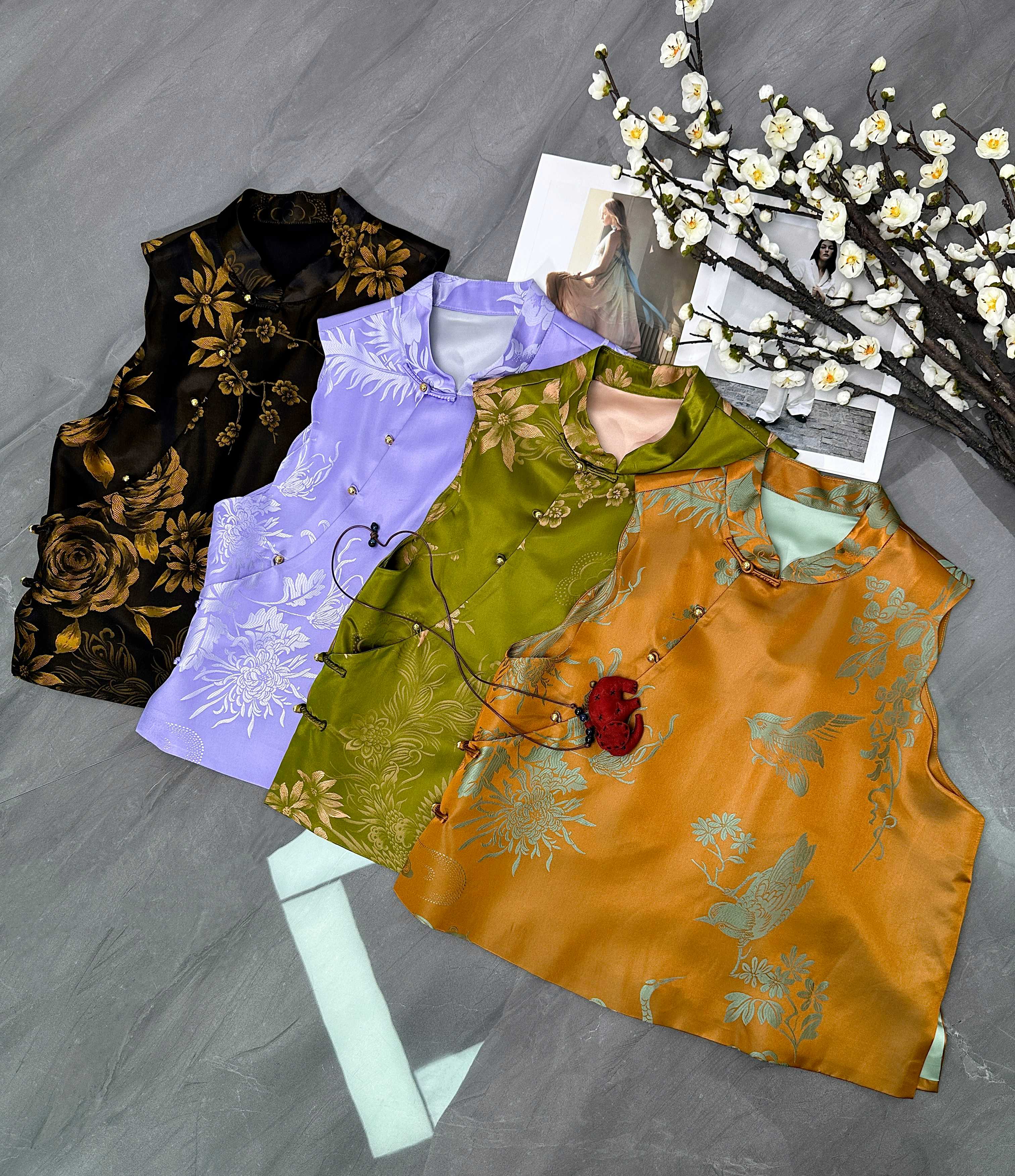 【萍姐严选】时尚小立领斜襟百搭气质无袖老缎背心