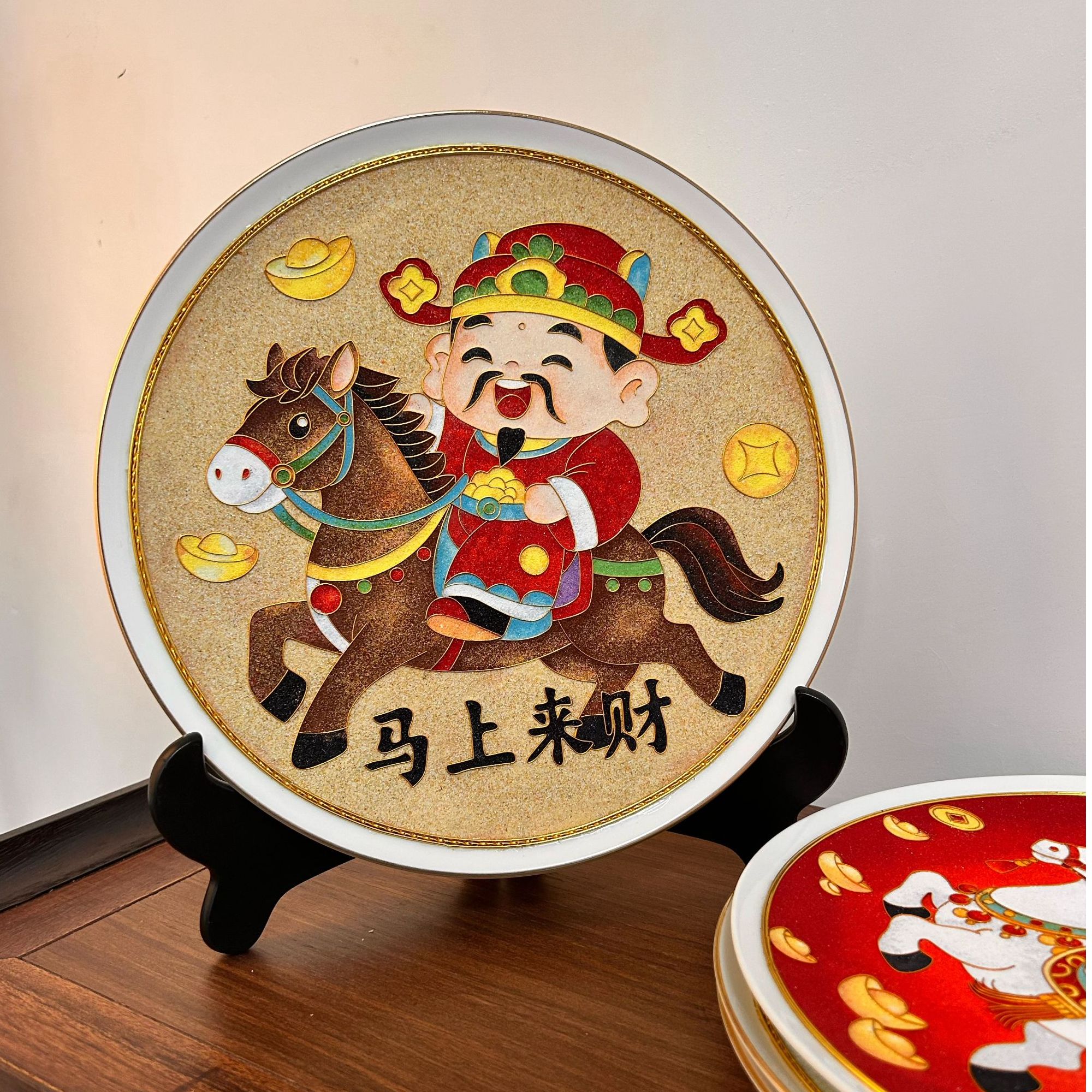 陶瓷手工珐琅彩描金装饰盘仿古花鸟纹摆件客厅玄关茶室非遗工艺