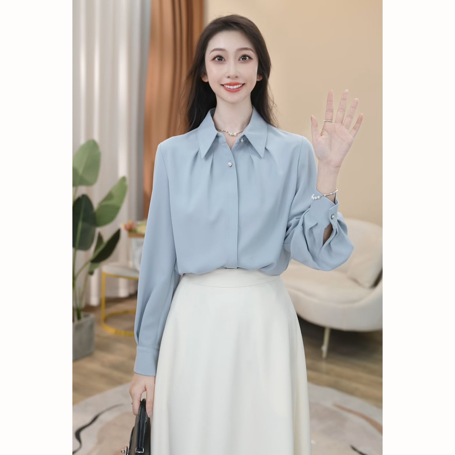【曼贝】衬衫女气质长袖小众通勤法式极简设计感衬衣8491070【甜甜】