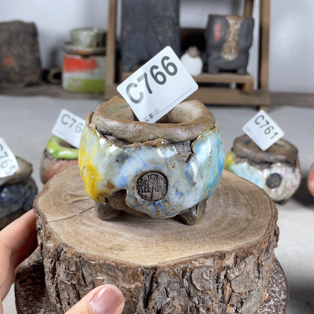 紫砂花盆孤品 不规则油画山石小地雷 内口4.5