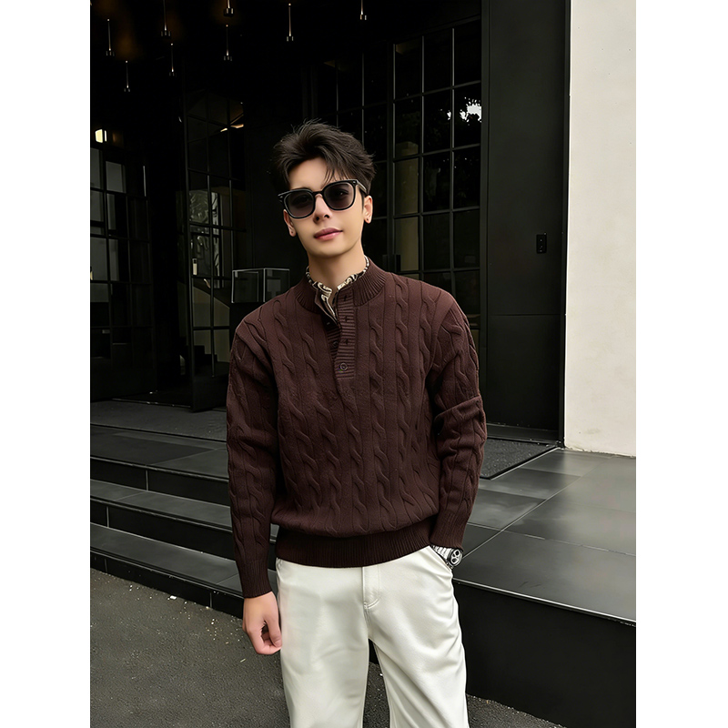 轻奢老钱风「绞花编织假两件」冬季重磅套头亨利领毛衣慵懒针织衫