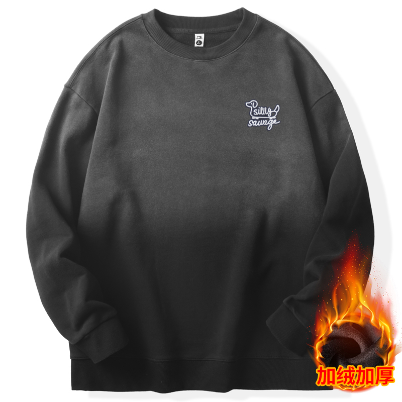 秋冬季加绒保暖圆领卫衣男士大码宽松加厚潮流拼色加肥加大打底衫