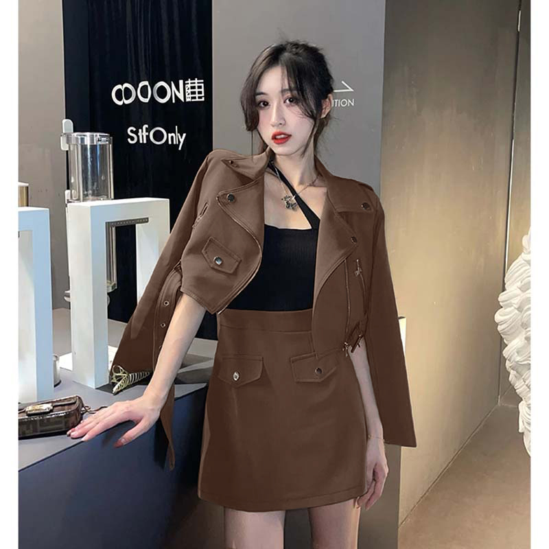 【两件套】【有裤里】春秋时尚设计感炸街外套+半身裙两件套QY0040