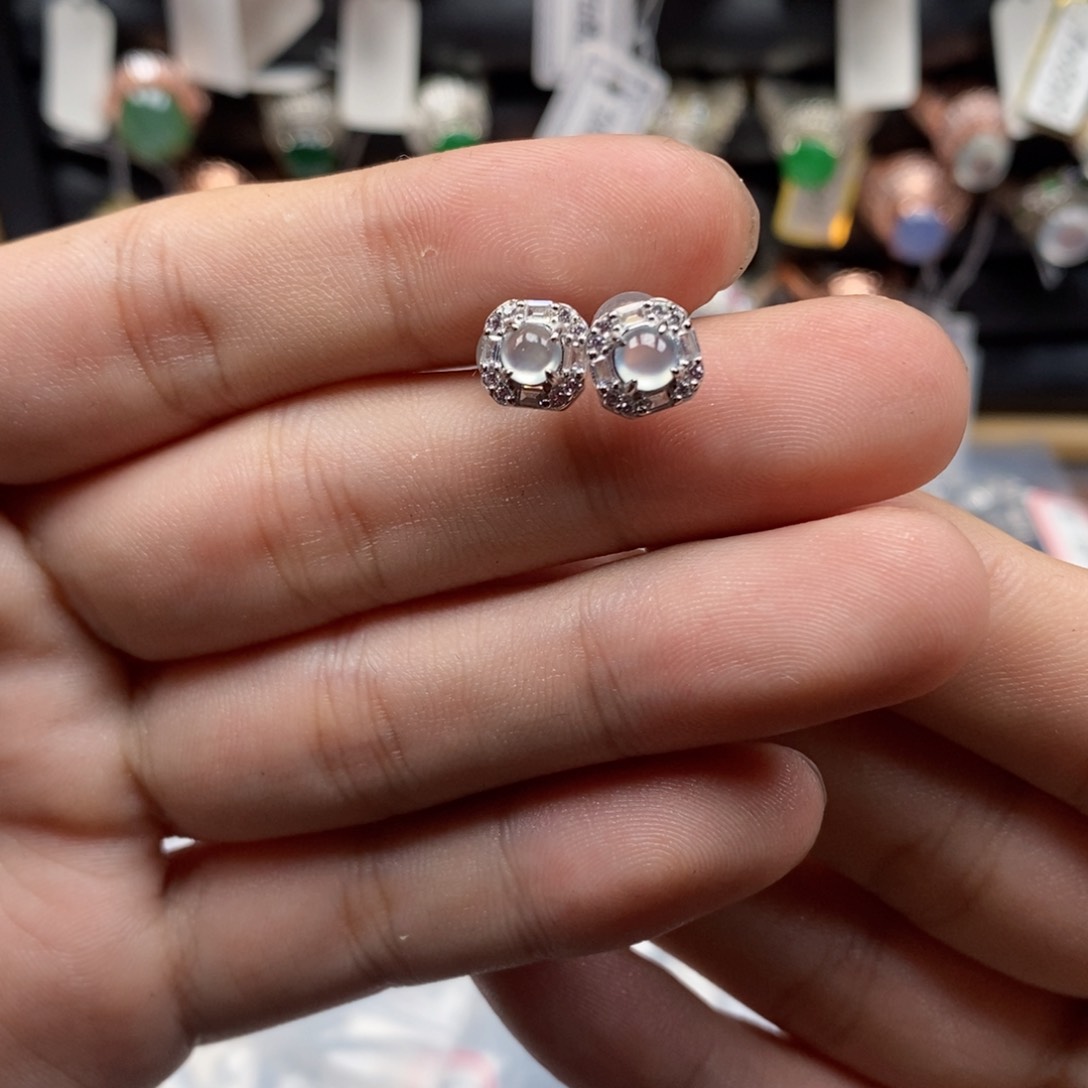 翡翠耳饰银S925镶嵌天然缅甸翡翠a货