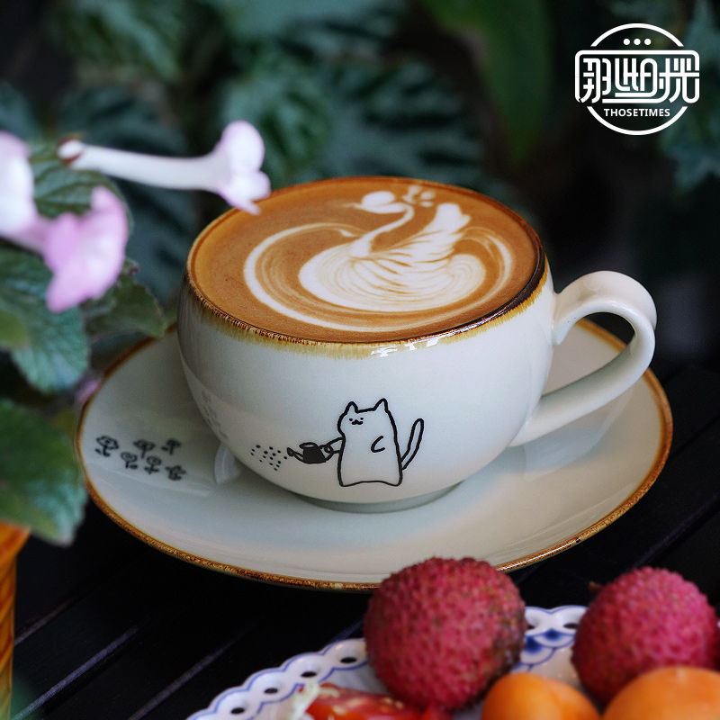 咖啡杯蛋形杯碟套装卡通可爱猫咪拿铁杯拉花杯复古陶瓷下午茶杯