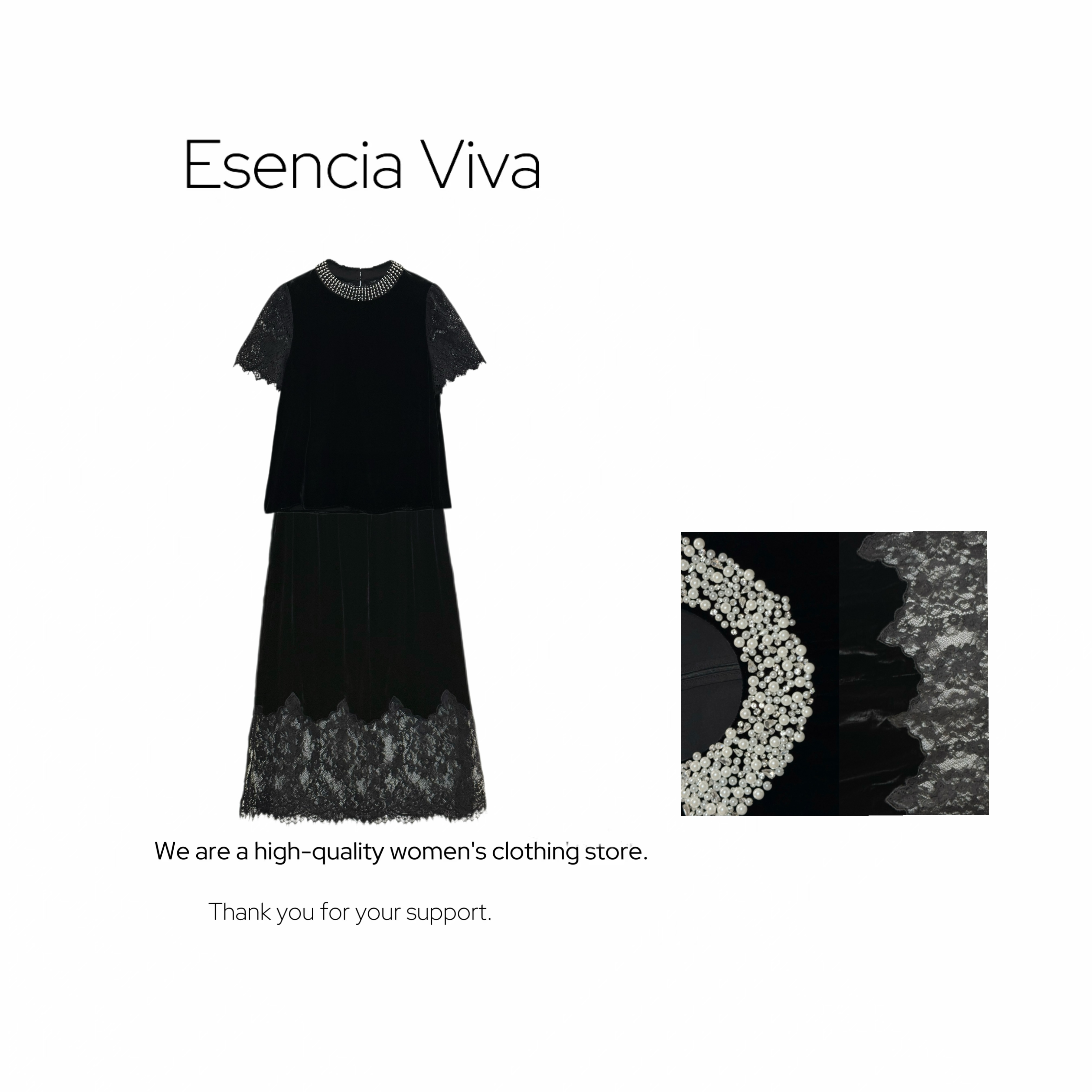 EV.【珠缕叠影】100%桑蚕丝绒拼接蕾丝珍珠气质短袖T恤套装EVZZ0649