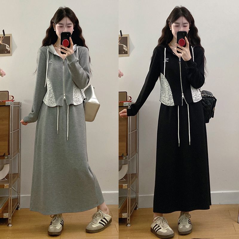 大码春季新款蕾丝拼接连帽上衣外套+半身裙套装1198