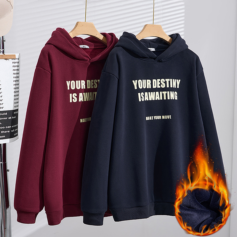 S5701秋冬款胖MM长袖连帽上衣230斤大码女装加绒印花宽松显瘦卫衣