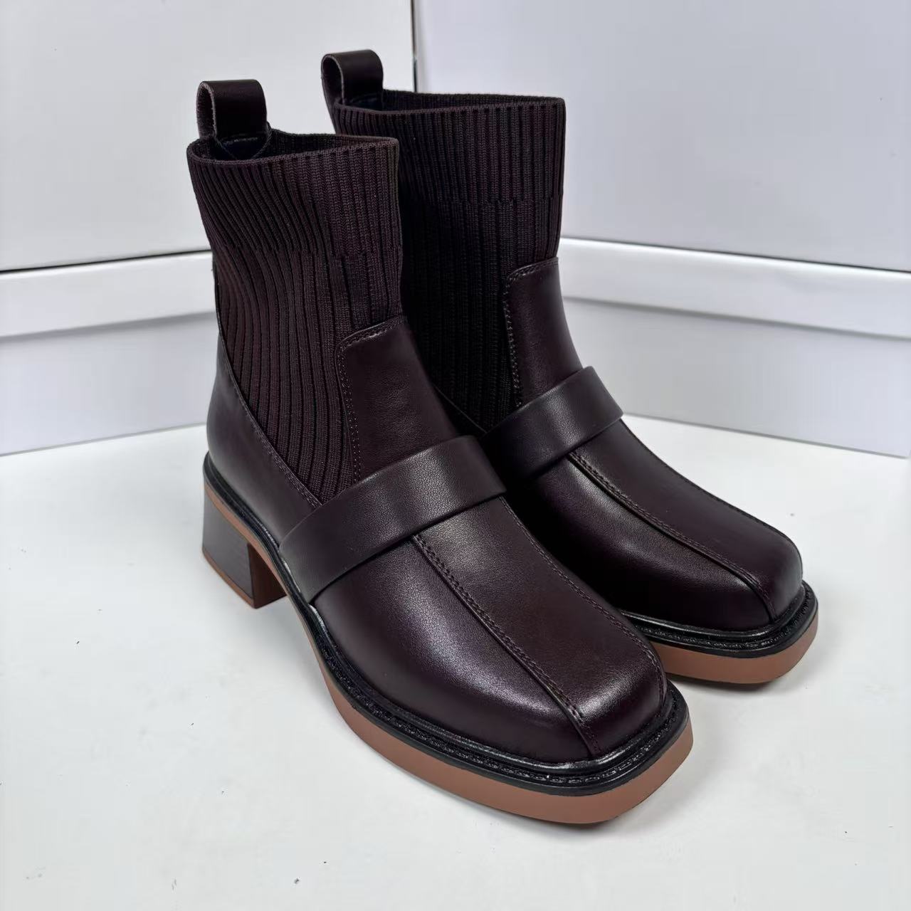 英伦风方头粗跟毛线口小短靴瘦瘦靴003